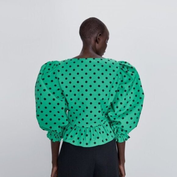 NWT Zara green & black polka dot print blouse top, XS - Picture 2 of 9